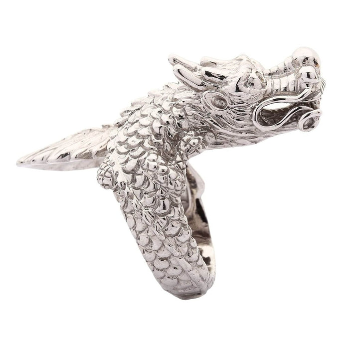 Back view of wrap-around dragon ring showing continuous scale detail and tail design