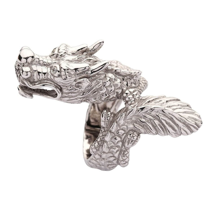 Profile view showing full 2.25 inch length of sterling silver dragon ring from head to tail