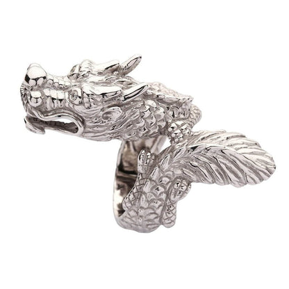 Profile view showing full 2.25 inch length of sterling silver dragon ring from head to tail