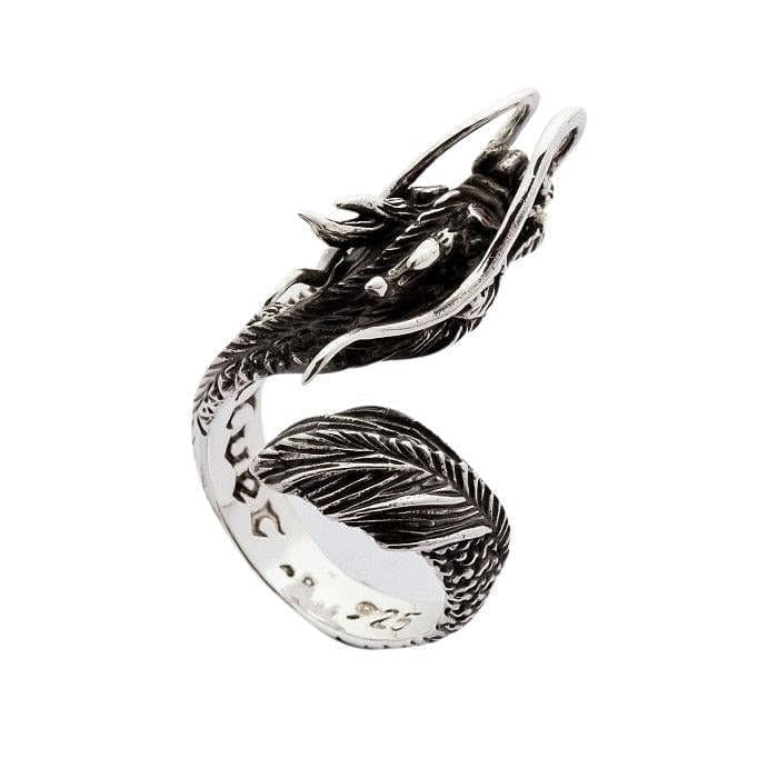 925 sterling silver dragon ring showing interior hallmark stamp and oxidized feather tail detail