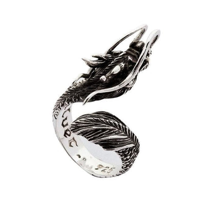 925 sterling silver dragon ring showing interior hallmark stamp and oxidized feather tail detail