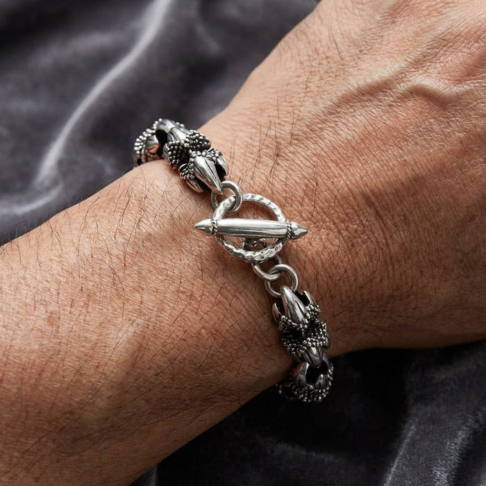 Handcrafted 925 sterling silver bracelet T-bar toggle clasp close-up with hallmark stamp