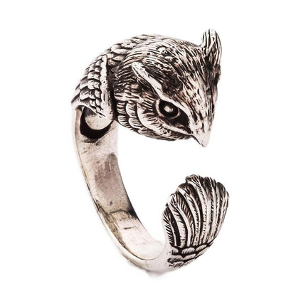 A front view of the sterling silver owl band ring, showing the detailed head and feathered texture.