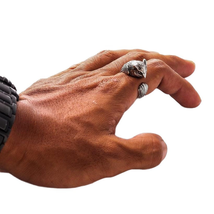 A top-down view of the women's owl wrap ring, showing the full feathered band design.