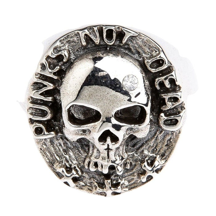 A detailed, engraved skull ring with the legendary punk rock slogan 'Punk Not Dead' encircling the face.