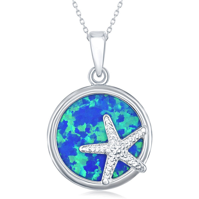 Sterling Silver Round Blue Inlay Created Opal with Small Silver Starfish Pendant (93203)