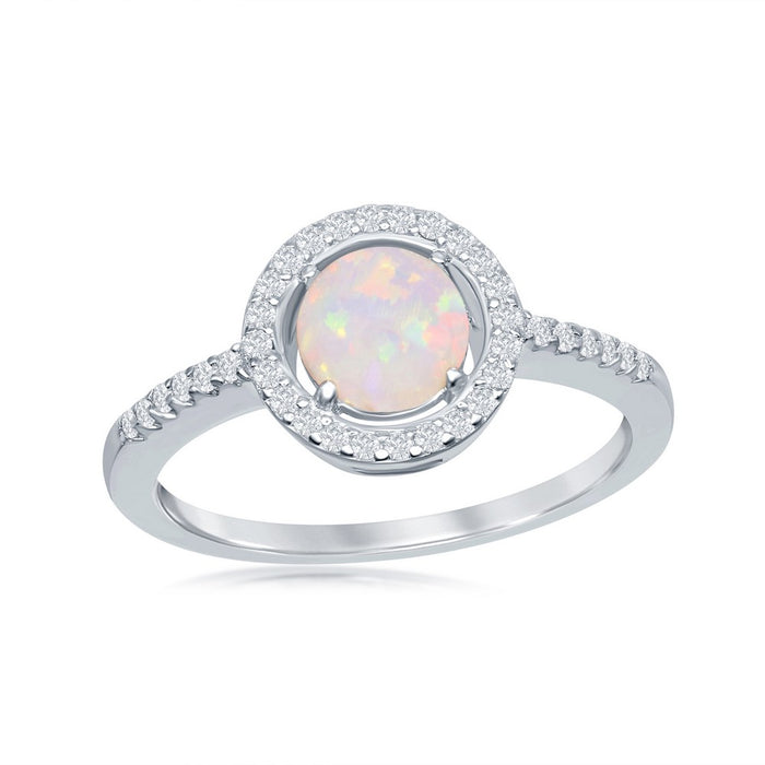 Sterling Silver Round Created White Opal with CZ Halo Ring, Size 9 (93113)