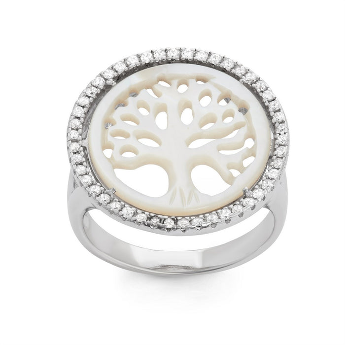 Sterling Silver Round Cut Out MOP Tree of Life With CZ Border Ring, Size 9 (92459)