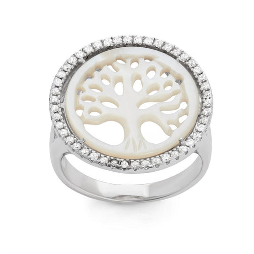 Sterling Silver Round Cut Out MOP Tree of Life With CZ Border Ring, Size 9 (92459)