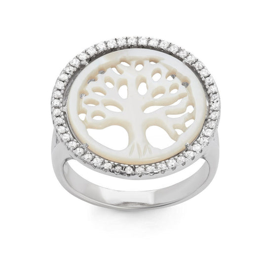 Sterling Silver Round Cut Out MOP Tree of Life With CZ Border Ring, Size 9 (92459)