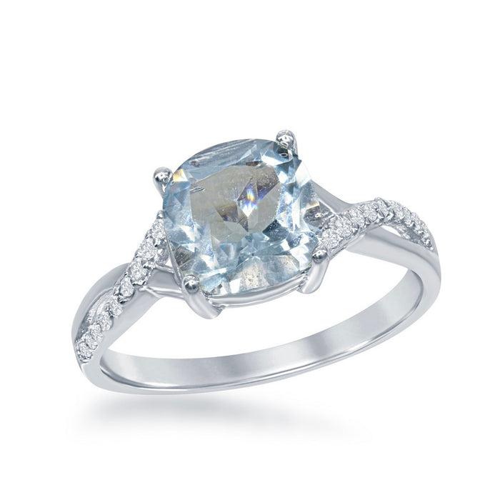 Sterling Silver Small Square Blue Topaz with White Topaz Ring, Size 6 (93300)