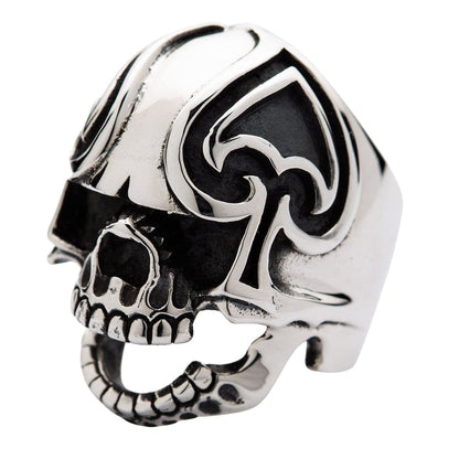 Angled front view of the solid .925 sterling silver spade skull ring showcasing the carved card-suit and open hinged jaw.