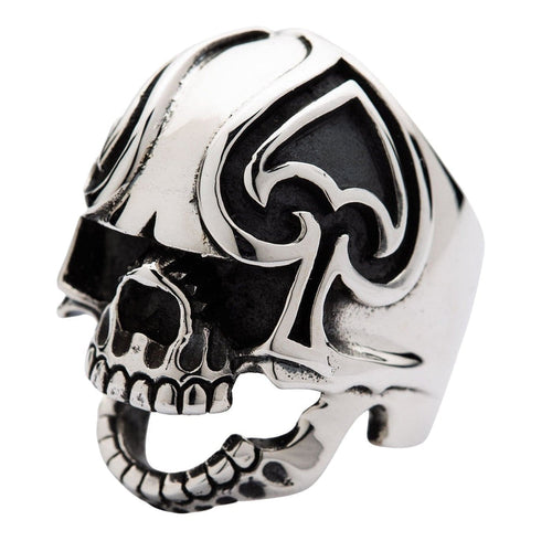 Angled front view of the solid .925 sterling silver spade skull ring showcasing the carved card-suit and open hinged jaw.