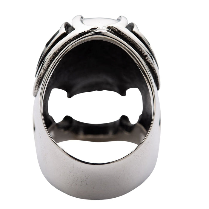 Rear view looking through the thick polished silver band, displaying the hollowed interior of the 30-gram skull ring.