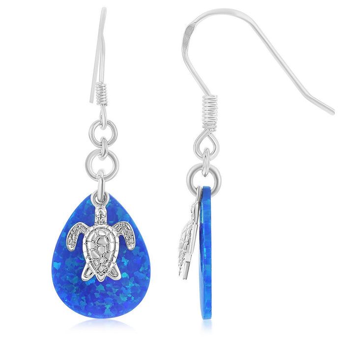 Sterling Silver Turtle and Created Opal Teardrop Earrings