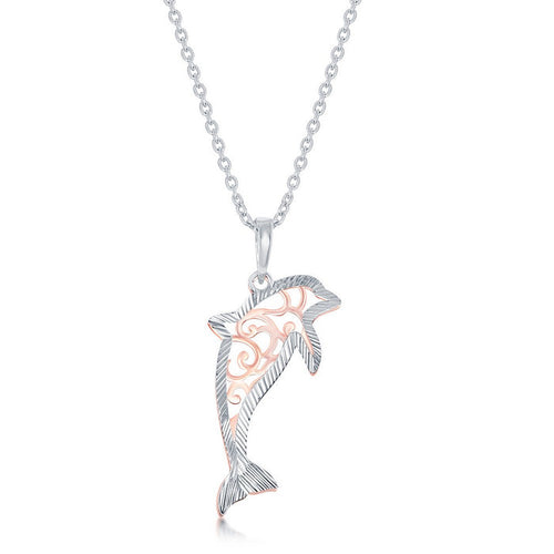Sterling Silver Two-Tone Fancy Design Dolphin with Diamond-Cut Border Necklace on adjustable 16+2" Sterling Silver Chain.