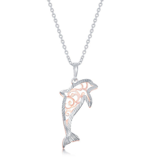 Sterling Silver Two-Tone Fancy Design Dolphin with Diamond-Cut Border Necklace on adjustable 16+2" Sterling Silver Chain.
