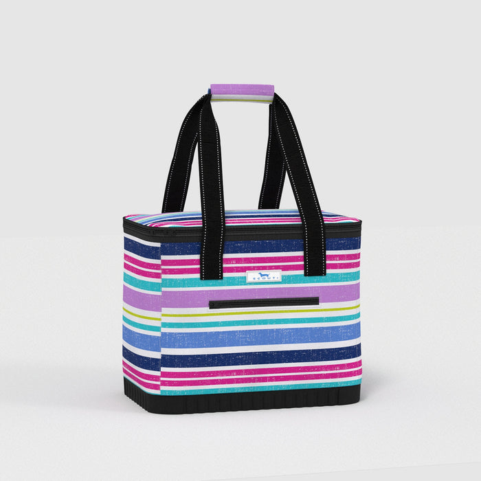 Striped tote bag with black handles on a white background