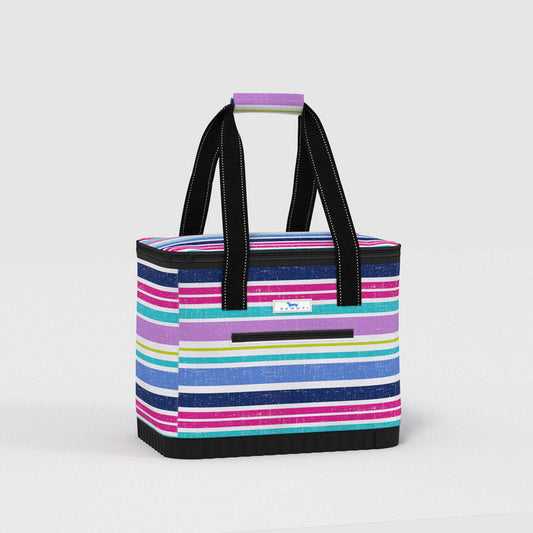 Striped tote bag with black handles on a white background