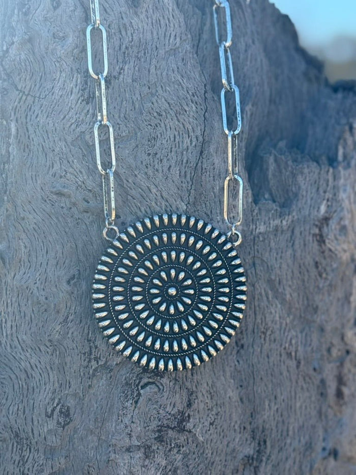 Sunburst Concho Paperclip Chain Necklace