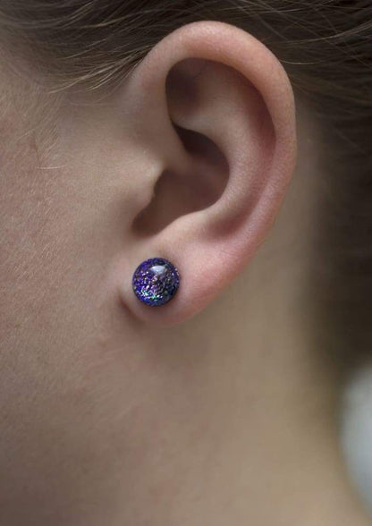 Supernova Earrings on model. Studs are smaller than earlobes, approximately 4-6mm. No rash!
