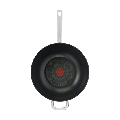 Tefal Premium Specialty Hard Anodised Induction Non-Stick Wok 32cm + Lid top view with interior non-stick coating and thermo-signal