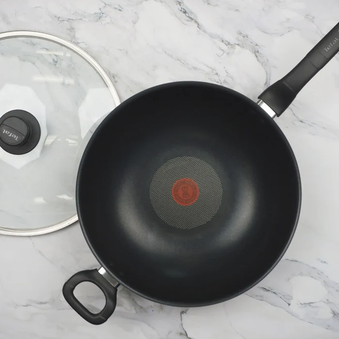 Tefal Specialty Non-Stick Wok 32cm + Lid on kitchen bench