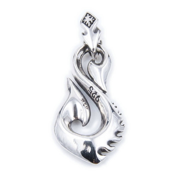 Vertical front view of a polished sterling silver fishhook pendant showing the 925 hallmark