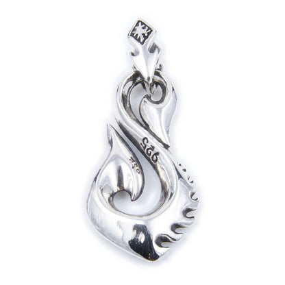 Vertical front view of a polished sterling silver fishhook pendant showing the 925 hallmark