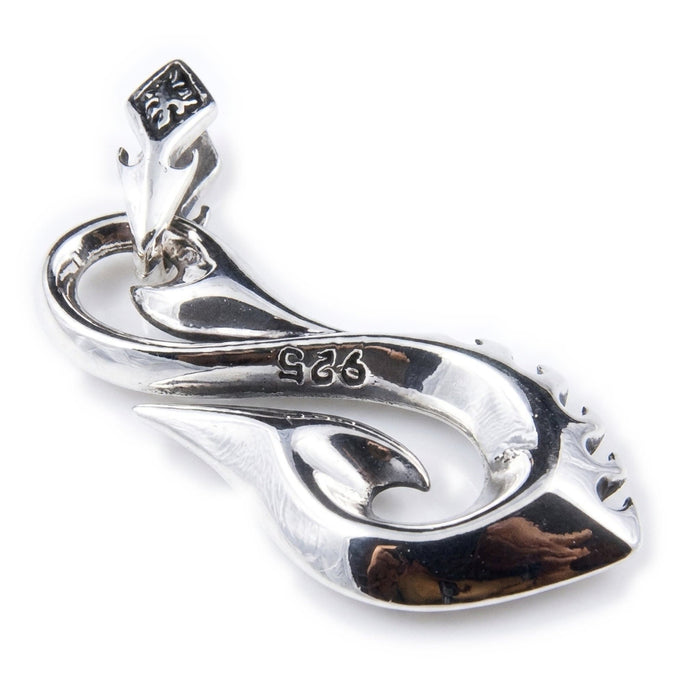 Close-up of the decorative bail and 925 sterling silver hallmark on the tribal fishhook pendant