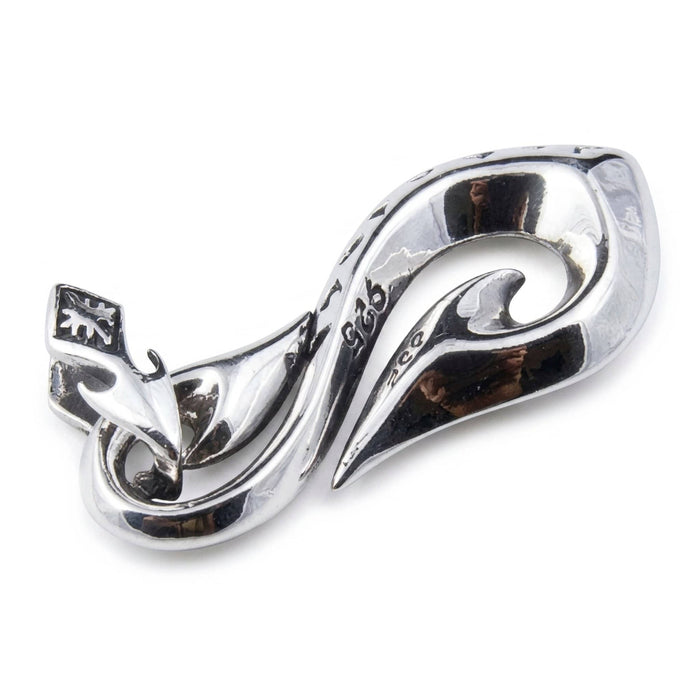 Front view of a sterling silver tribal fishhook pendant showing the 925 stamp and maker's mark