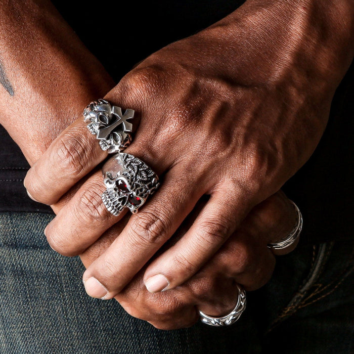 A premium piece of men's biker jewelry: a solid silver tribal skull ring with a rugged, textured finish.