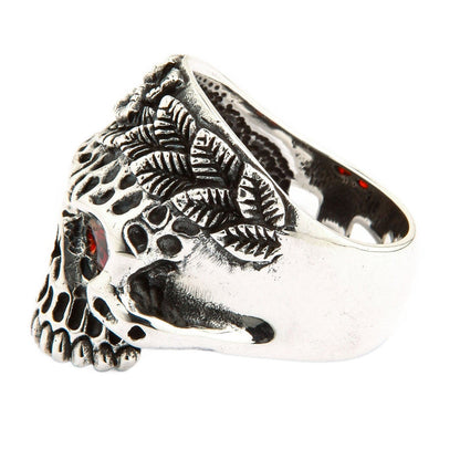 A side profile view of the tribal skull ring, highlighting the detailed and artistic thorn-like crown.