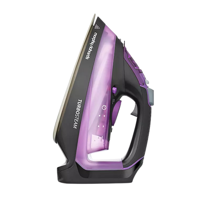 Purple and black steam iron on a white background