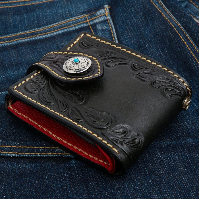 A premium biker wallet featuring a genuine, vibrant turquoise stone on its solid sterling silver concho.