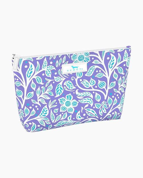 Purple pouch with floral pattern on a white background