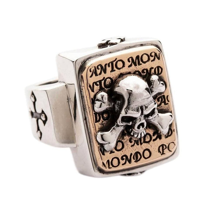 Angled view of rose gold plated skull ring detailing