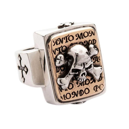 Angled view of rose gold plated skull ring detailing