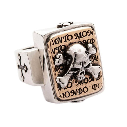 Angled view of rose gold plated skull ring detailing