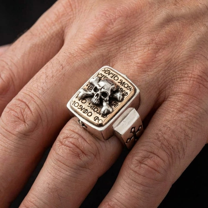 Two-Tone Skull Crossbones Ring worn on finger showing scale