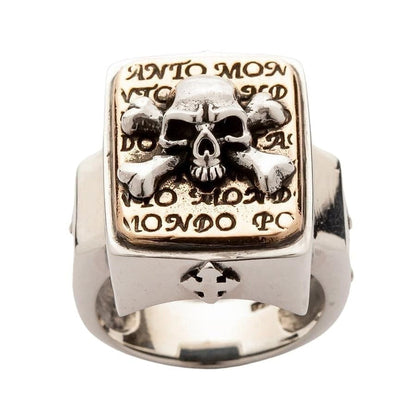 Top view of sterling silver biker ring showing engraving