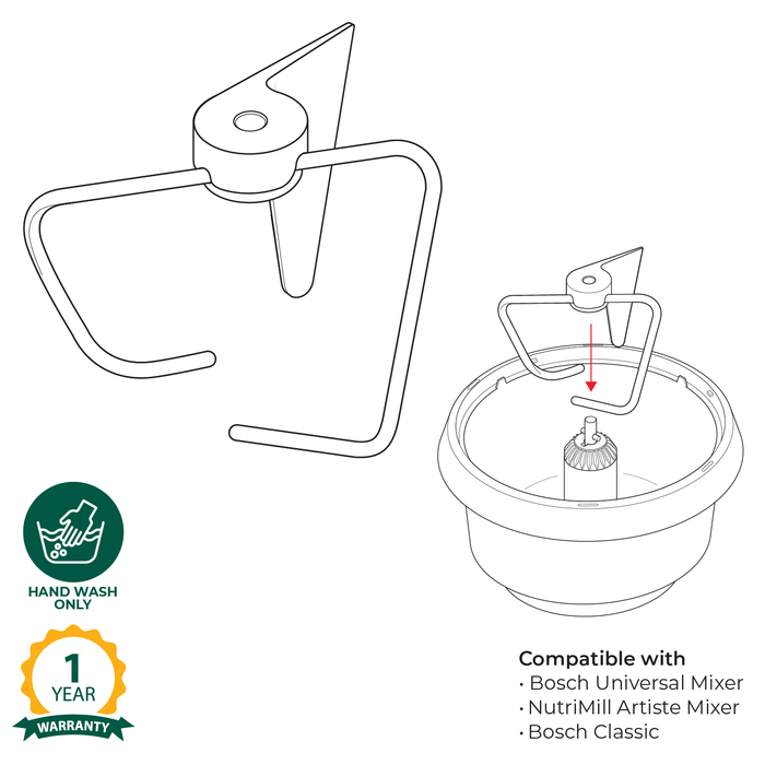 Technical illustration of the Bosch universal plus and its dough hook with warranty and care information