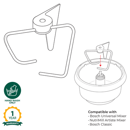 Technical illustration of the Bosch universal plus and its dough hook with warranty and care information