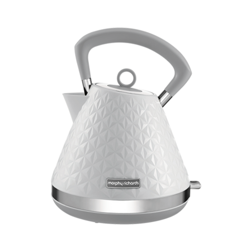 A white, pyramid-shaped electric kettle with a 3D patterned finish and a silver handle and spout cap.
