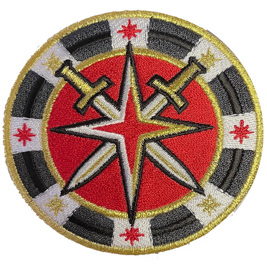 Circular embroidered Vegas Golden Knights poker chip patch with compass rose and swords