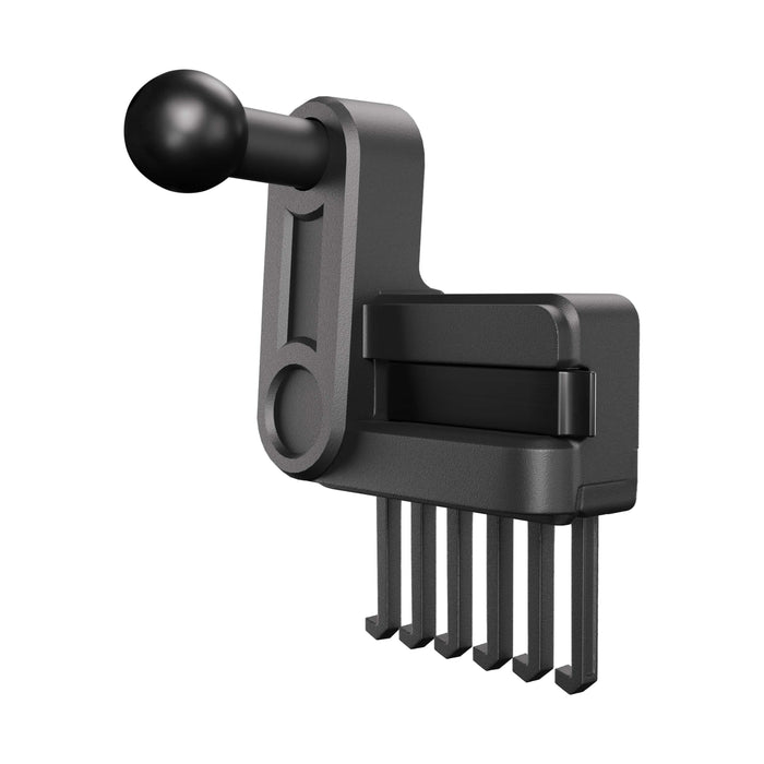 A black and gray mechanical device with a round knob handle and five parallel prongs extending downward, the Vent Mount for Tesla Model 3 2017-2022 and Model Y 2020-2023 offers a sleek, secure custom-fit air vent mount accessory for your vehicle.