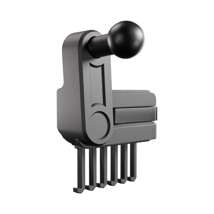 A sleek, black joystick-style accessory with a rounded handle and six vertical pins delivers a precise custom-fit as the Vent Mount for Tesla Model 3 (2017-2022) and Model Y (2020-2023)—the perfect air vent mounting solution for your Tesla.
