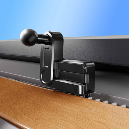 A close-up of a black clamp tool securing a wooden plank against a metal surface with a blue gradient background, reminiscent of the secure grip offered by the Vent Mount for Tesla Model 3 2017-2022 and Model Y 2020-2023—an ideal accessory for your Tesla air vents.