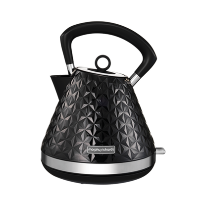 A black Vector Pyramid style electric kettle with a 3D patterned finish and a silver handle and spout cap.