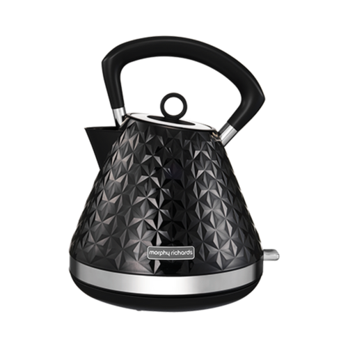 A black Vector Pyramid style electric kettle with a 3D patterned finish and a silver handle and spout cap.